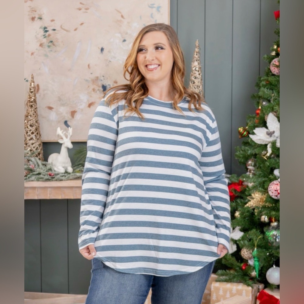 Striped Long Sleeve Top in Teal and White
